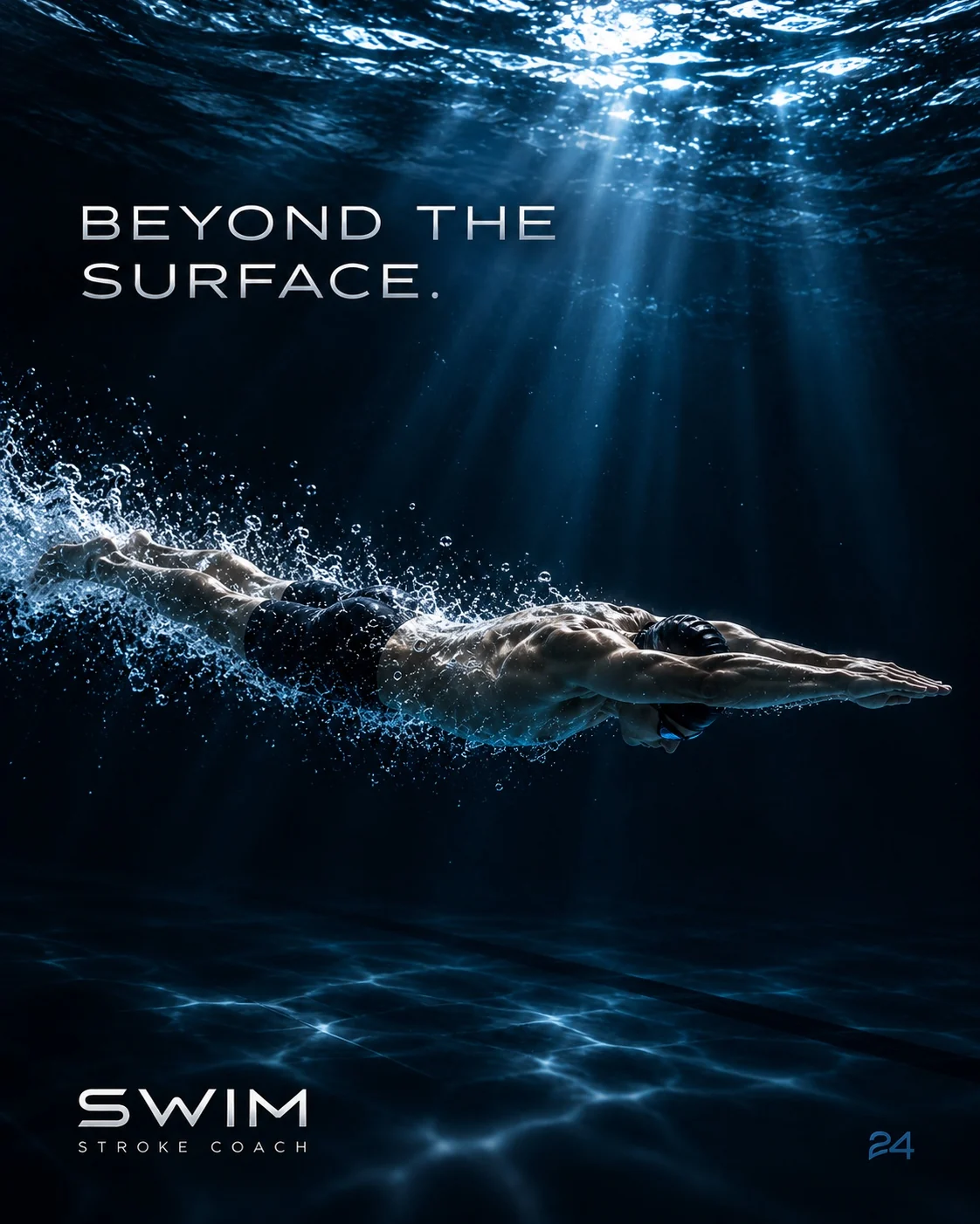 Swimmer gliding beneath the pool surface with dramatic deep blue light and Beyond the Surface campaign typography
