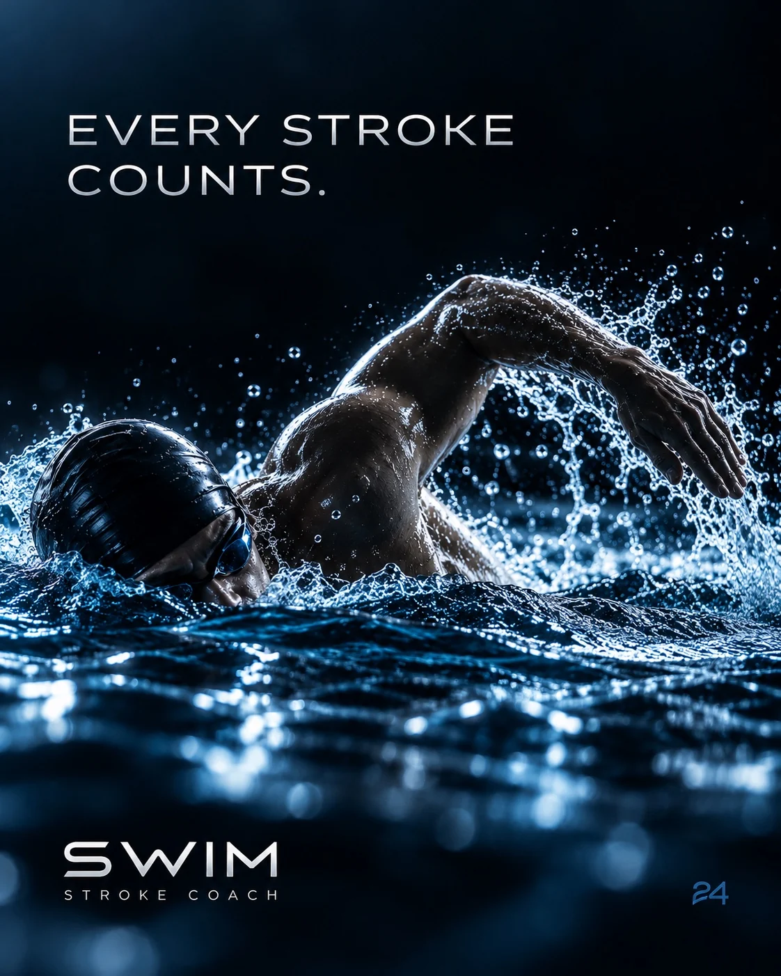Cinematic photograph of a freestyle swimmer in powerful dark blue water, with Every Stroke Counts campaign artwork