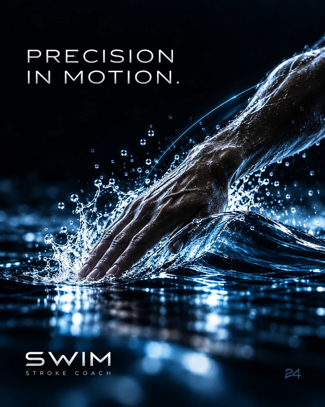 Close-up of a swimmer's hand entering dark blue water with Precision in Motion lettering