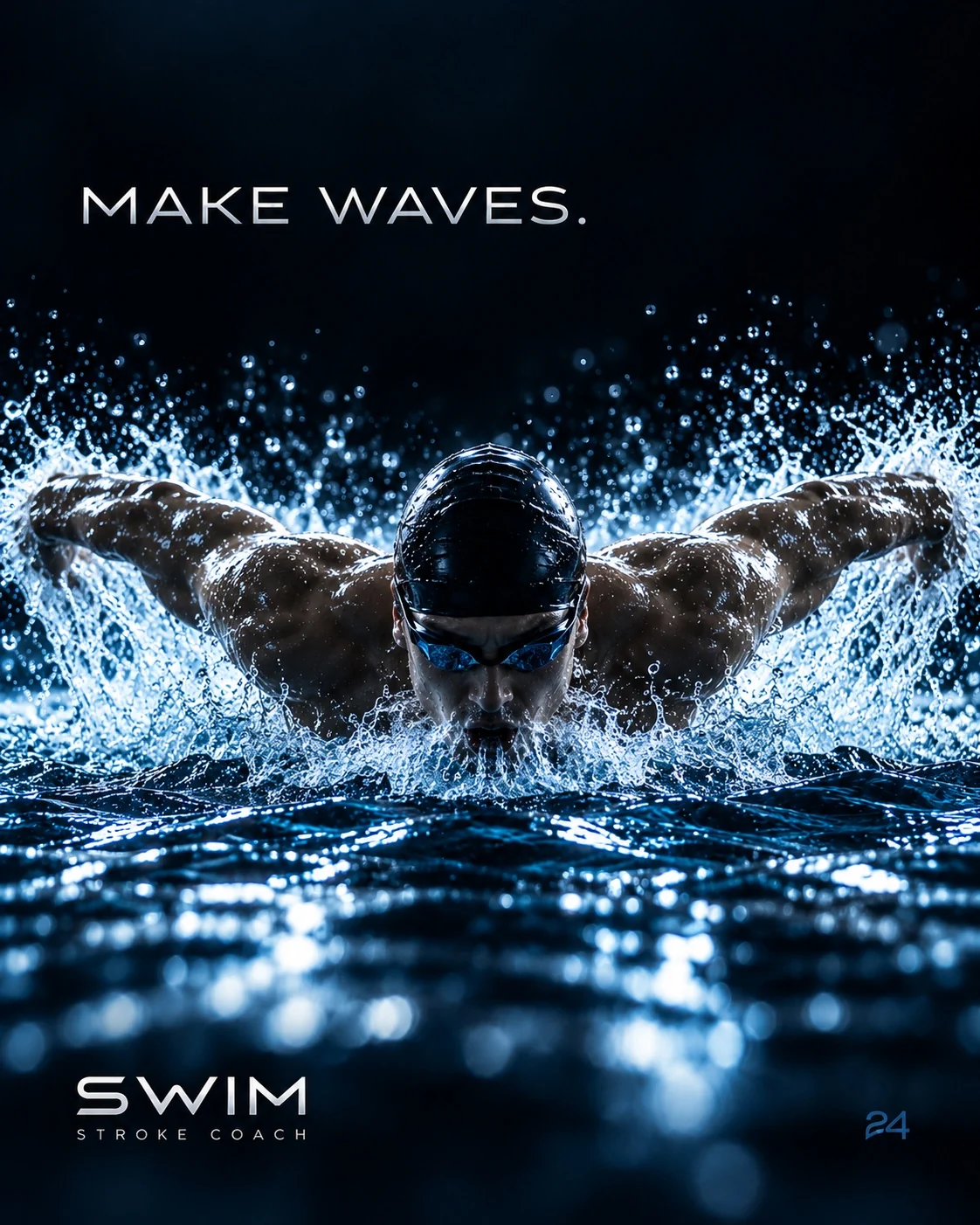 Swimmer breaking the surface with a butterfly stroke, Make Waves campaign